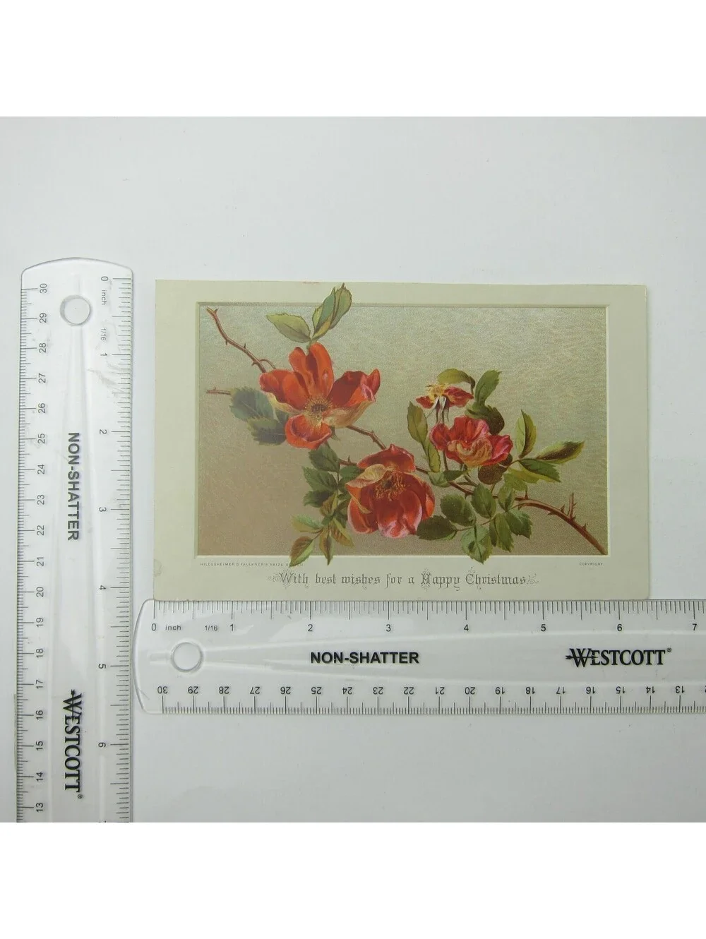 Victorian Christmas Card Red Orange Rose Flowers Hildesheimer & Faulkner Antique